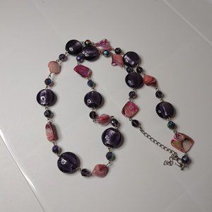 Purple Glass And Pink Shell Bead Necklace 31 Inches Long